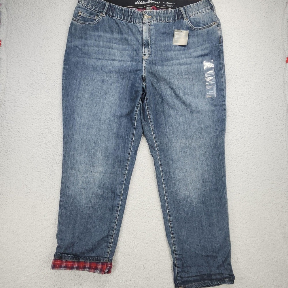 Eddie Bauer Boyfriend Jeans Womens 22W Blue Medium Wash Flannel Lined Warm NEW